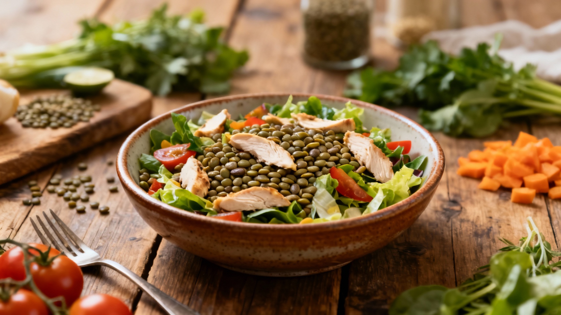 Savourez une délicieuse salade lentilles poulet